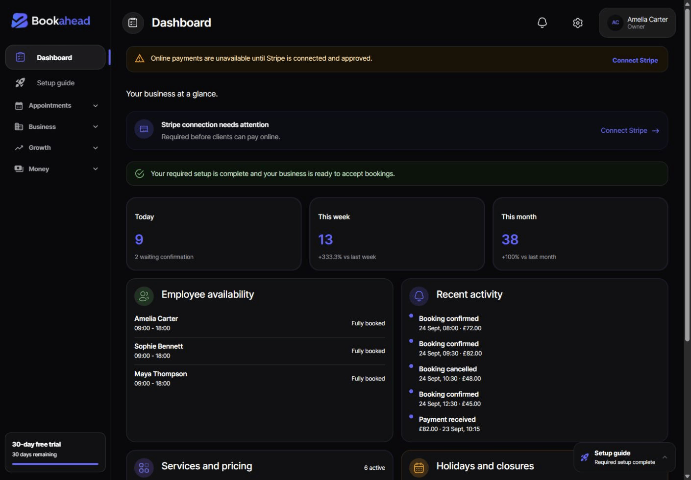 Bookahead dashboard showing bookings, staff availability, payments, services and upcoming leave